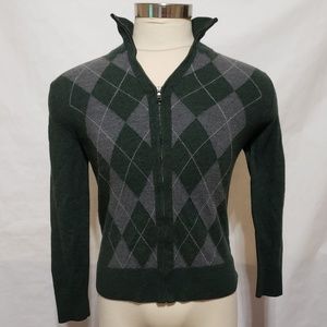 Banana Republic Men Full Zip Argyle Green Sweater